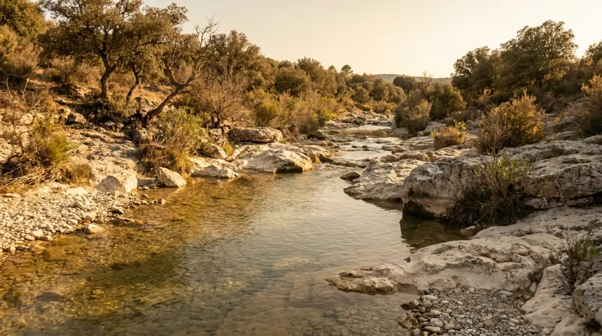Río de agua clara que corre entre rocas calizas en un paisaje del interior de España