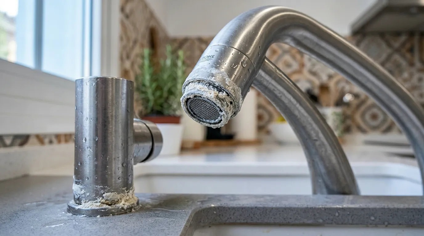 Grifo de cocina con restos blancos de cal alrededor del aireador