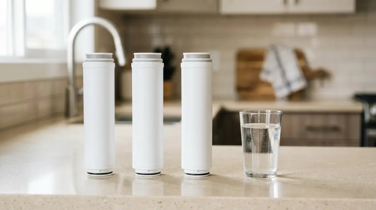 Cartuchos de filtro de agua de repuesto sobre la encimera de una cocina, junto a un vaso de agua