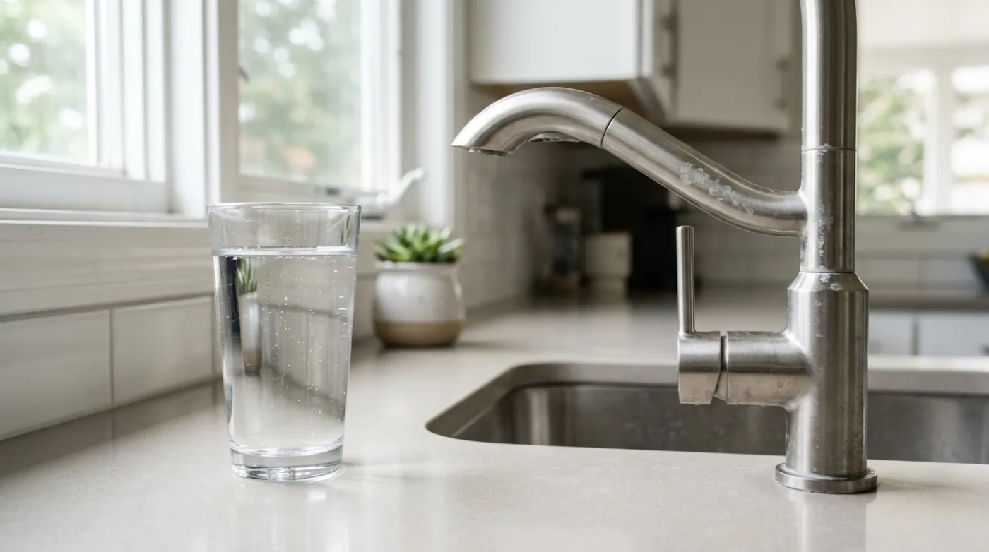 Vaso de agua sobre una encimera junto a un grifo con restos de cal, en una vivienda