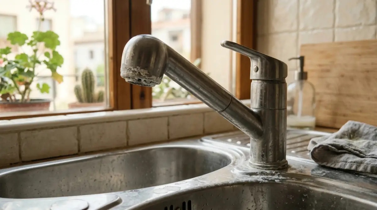Grifo de cocina llenando un vaso de agua, con marcas de cal secas alrededor de la boca del grifo