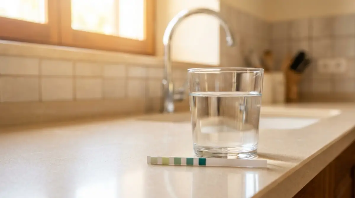 Vaso de agua del grifo sobre la encimera de una cocina junto a una tira reactiva para medir la dureza del agua
