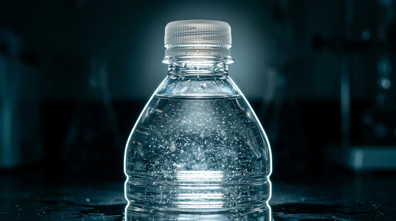 Botella de agua de plástico a contraluz con partículas suspendidas visibles en el agua