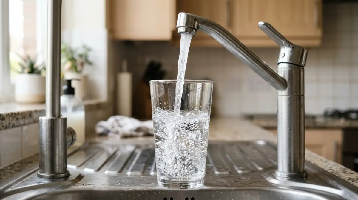 Vaso de agua llenándose en el grifo de una cocina doméstica