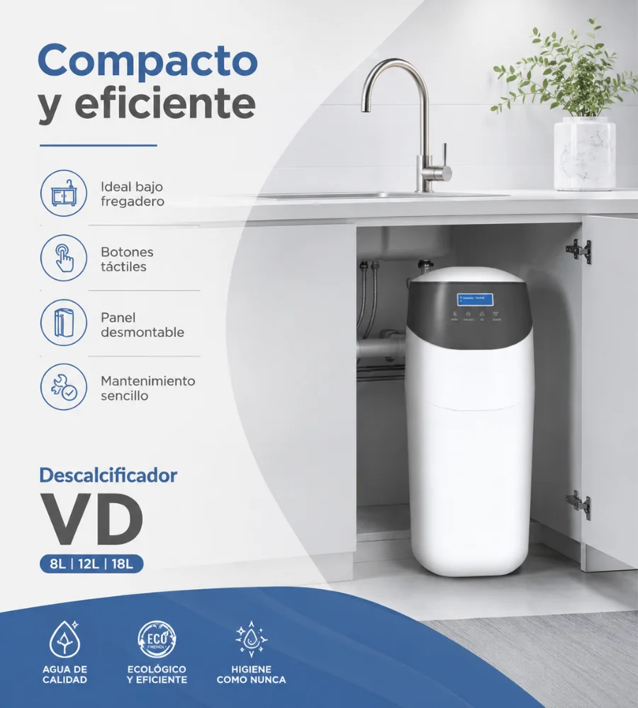 Descalcificador VD instalado en el mueble bajo el fregadero de una cocina