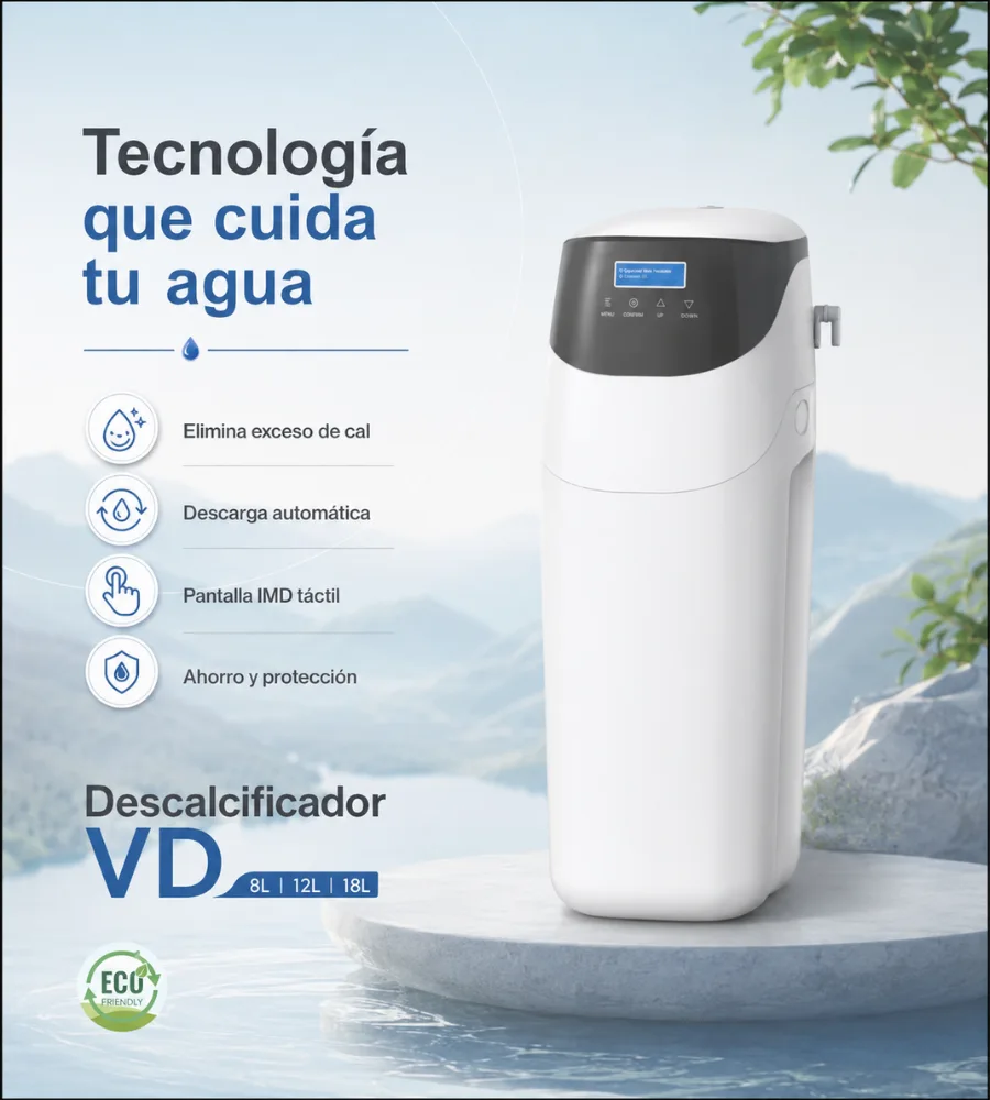 Descalcificador VD con sus funciones: descarga automática y pantalla táctil
